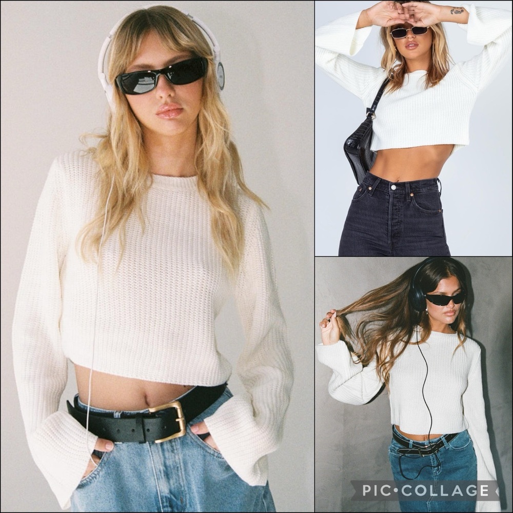 Princess Polly White Flare Bell Sleeve Cropped Ribbed Sweater - Picture 2 of 13